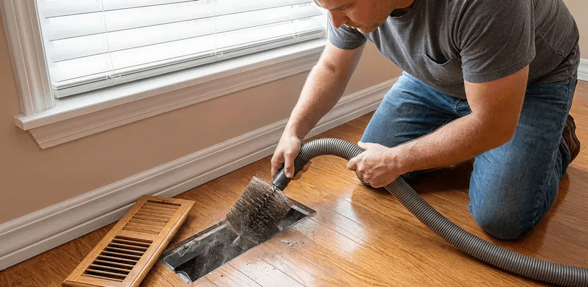 Air duct cleaning technician vacuuming a floor vent and duct opening in Riverside, CA