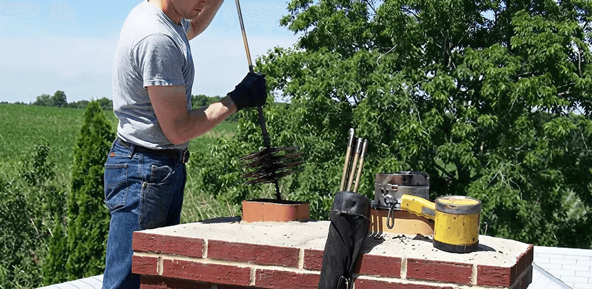 Chimney cleaning technician working on a rooftop chimney with professional tools in Riverside, CA