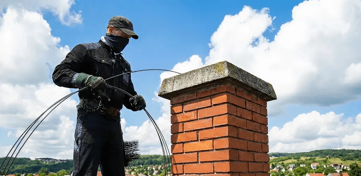 Chimney sweep cleaning a brick chimney with professional tools in Riverside, CA