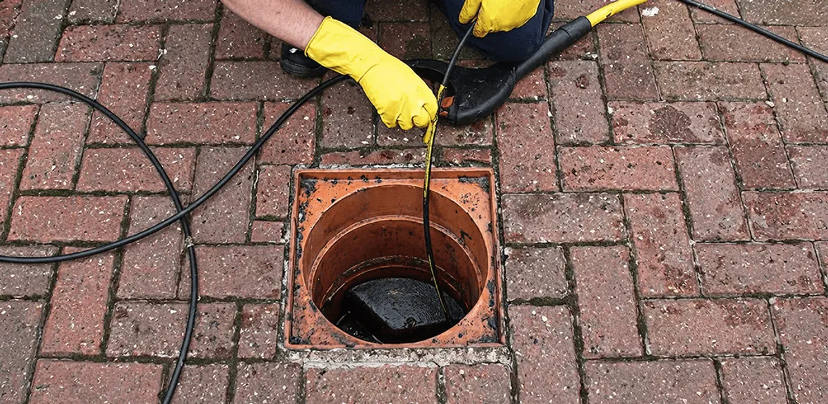 Drain cleaning technician using a drain snake to clear a clogged drain in Riverside, CA
