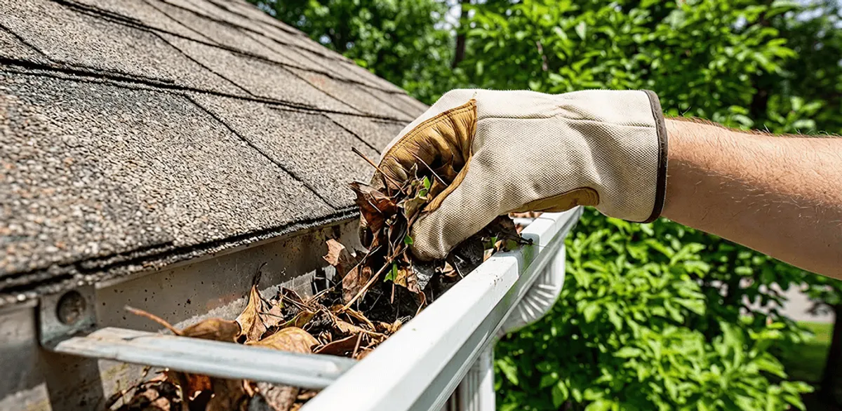 Gutter cleaning removing leaves and debris from roof gutters in Riverside, CA