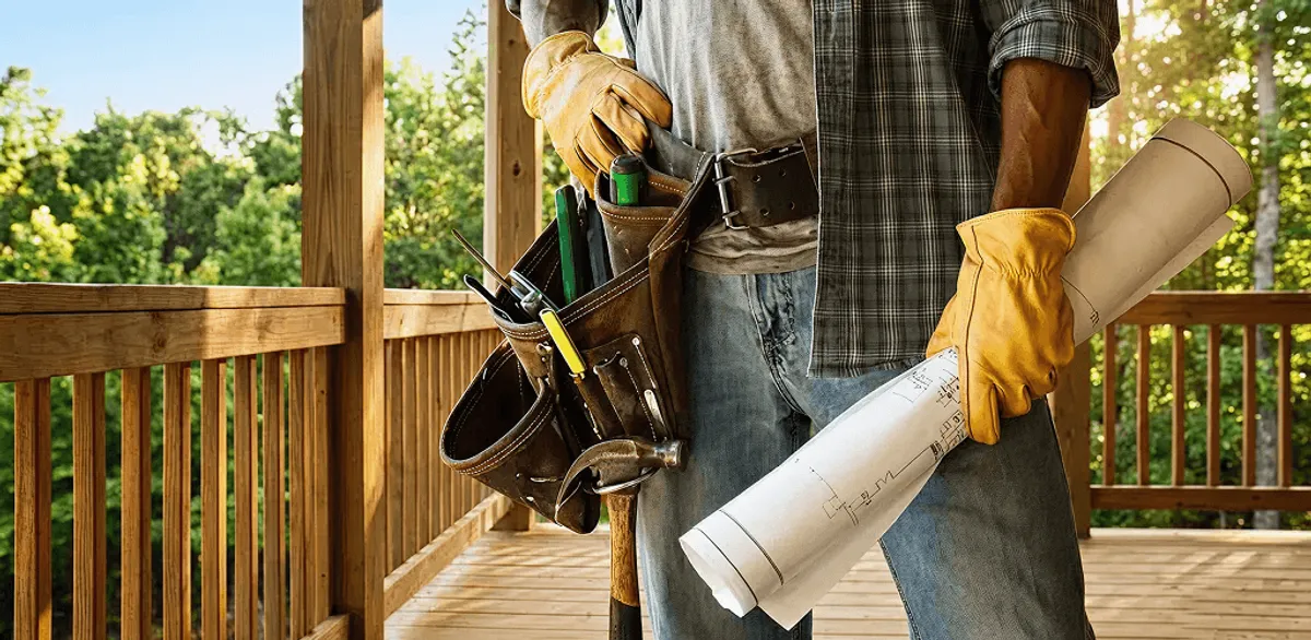Professional handyman with tool belt ready for home repairs in Riverside, CA