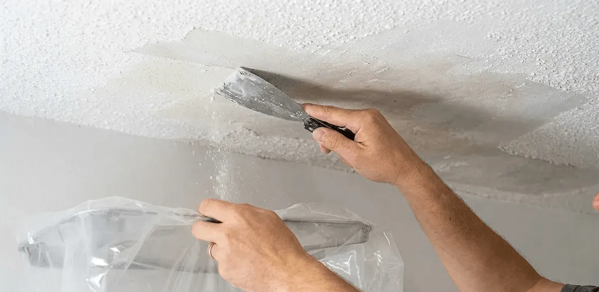 Popcorn ceiling removal technician scraping texture from a ceiling in Riverside, CA