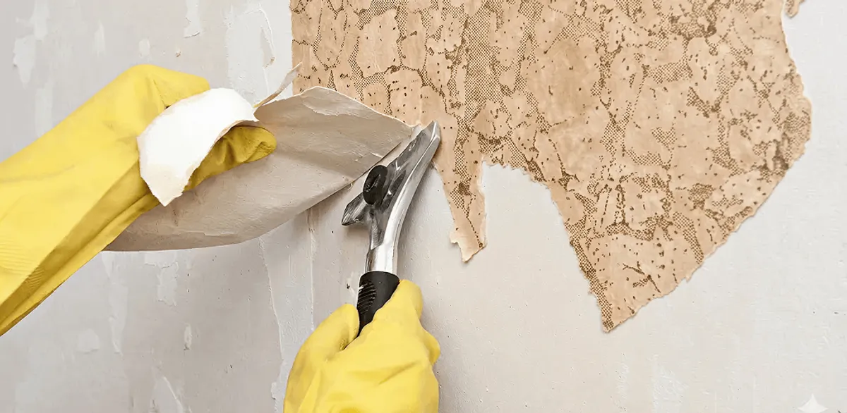 Wallpaper removal service stripping old wallpaper from a wall in Riverside, CA