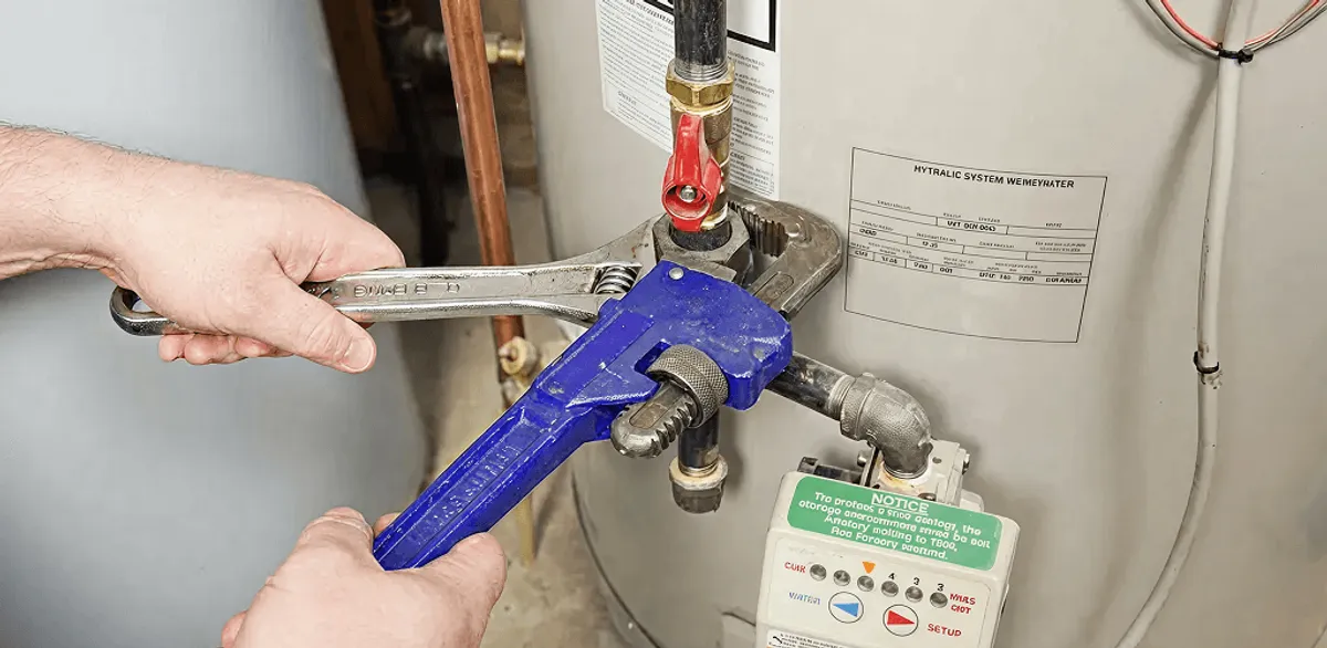 Water heater repair technician tightening the shutoff valve and supply line in Riverside, CA